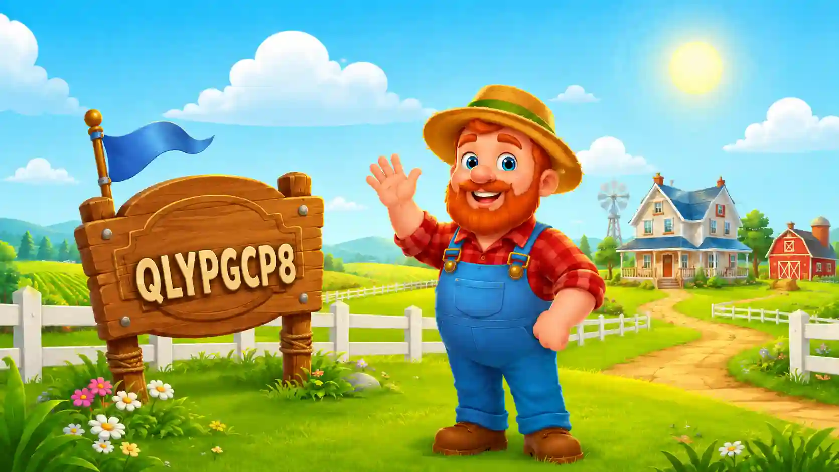 Cartoon farm scene with a Neighborhood sign and a friendly farmer waving, in the style of Hay Day.